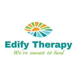 The logo for Edify Therapy and Counseling with an illustration of the sun and the text Edify Therapy, we're meant to heal