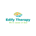 Edify Therapy logo featuring a colorful sunburst design with the slogan "We're meant to heal," representing mental health and counseling services.