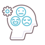 Illustration of a human head with emotional faces and a gear, symbolizing the integration of emotional regulation and practical strategies in dialectical behavior therapy (DBT).