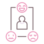 Illustration of a person surrounded by happy, sad, and distressed faces, symbolizing the process of identifying, understanding, and transforming emotions in emotion-focused therapy.